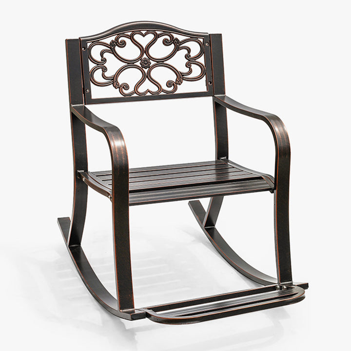 Silla mecedora tradicional europea impermeable de aluminio con patrón floral cuadrado con reposabrazos y reposapiés para patio exterior 