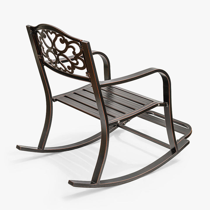 Silla mecedora tradicional europea impermeable de aluminio con patrón floral cuadrado con reposabrazos y reposapiés para patio exterior 