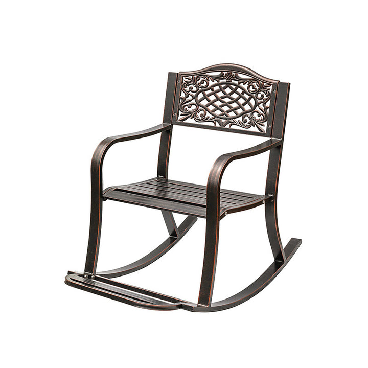 Silla mecedora tradicional europea impermeable de aluminio con patrón floral cuadrado con reposabrazos y reposapiés para patio exterior 