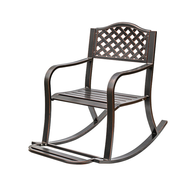 Silla mecedora tradicional europea impermeable de aluminio con patrón floral cuadrado con reposabrazos y reposapiés para patio exterior 