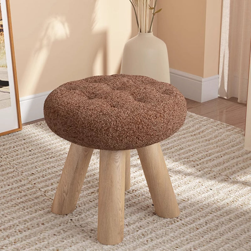 Taburete bajo redondo tipo cookie de madera y tela sherpa de estilo escandinavo contemporáneo con diseño apilable para sala de estar 