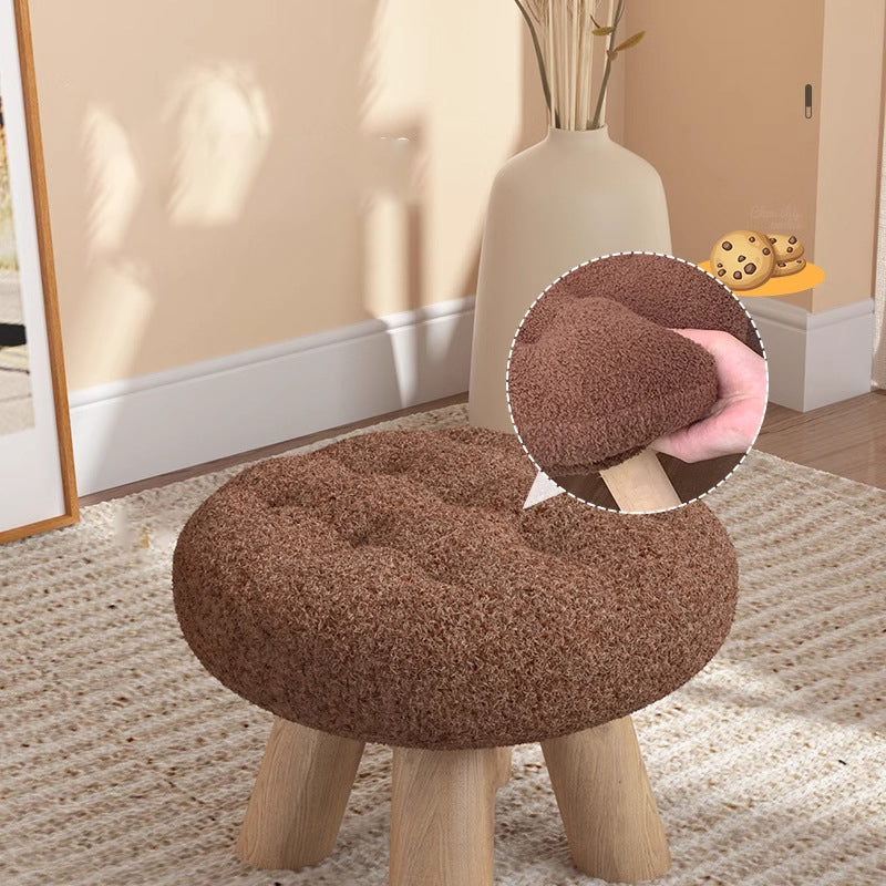 Taburete bajo redondo tipo cookie de madera y tela sherpa de estilo escandinavo contemporáneo con diseño apilable para sala de estar 
