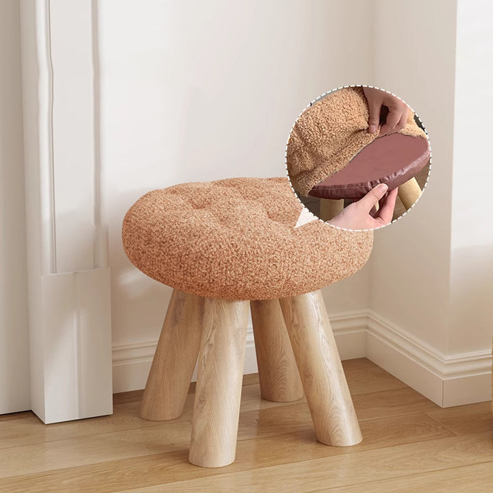 Taburete bajo redondo tipo cookie de madera y tela sherpa de estilo escandinavo contemporáneo con diseño apilable para sala de estar 