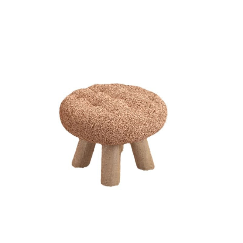 Taburete bajo redondo tipo cookie de madera y tela sherpa de estilo escandinavo contemporáneo con diseño apilable para sala de estar 