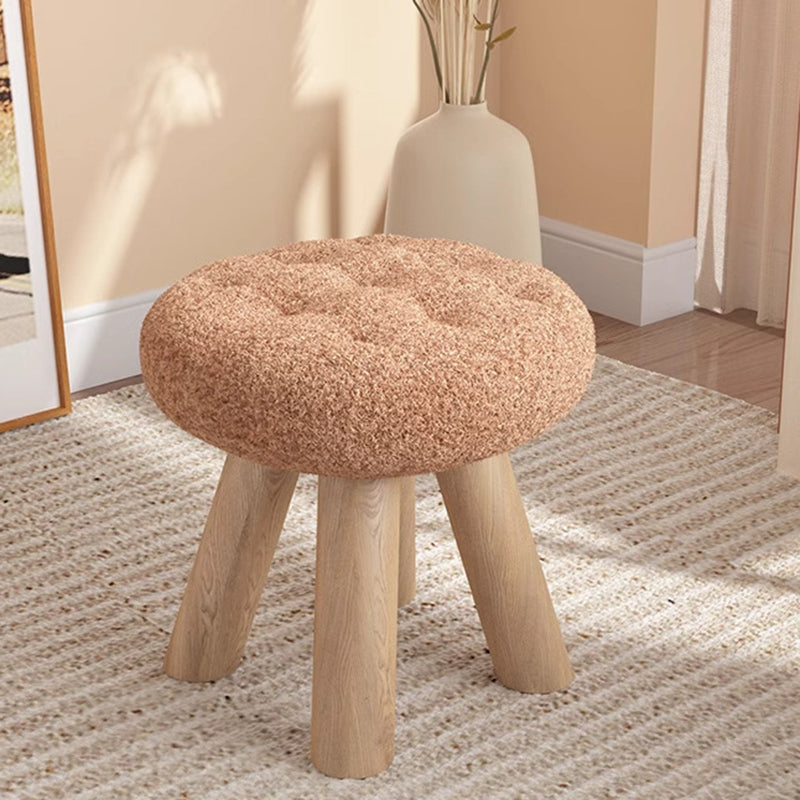 Taburete bajo redondo tipo cookie de madera y tela sherpa de estilo escandinavo contemporáneo con diseño apilable para sala de estar 