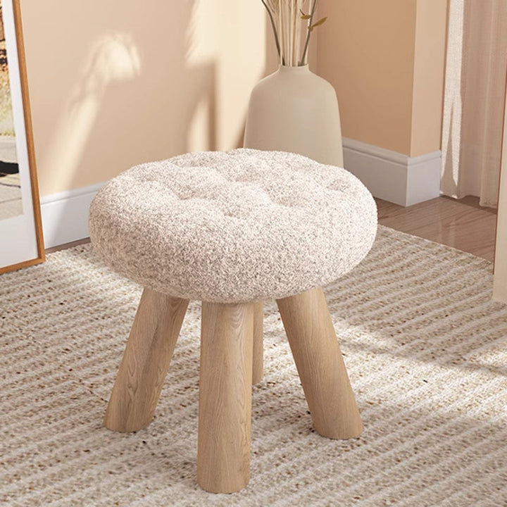 Taburete bajo redondo tipo cookie de madera y tela sherpa de estilo escandinavo contemporáneo con diseño apilable para sala de estar 