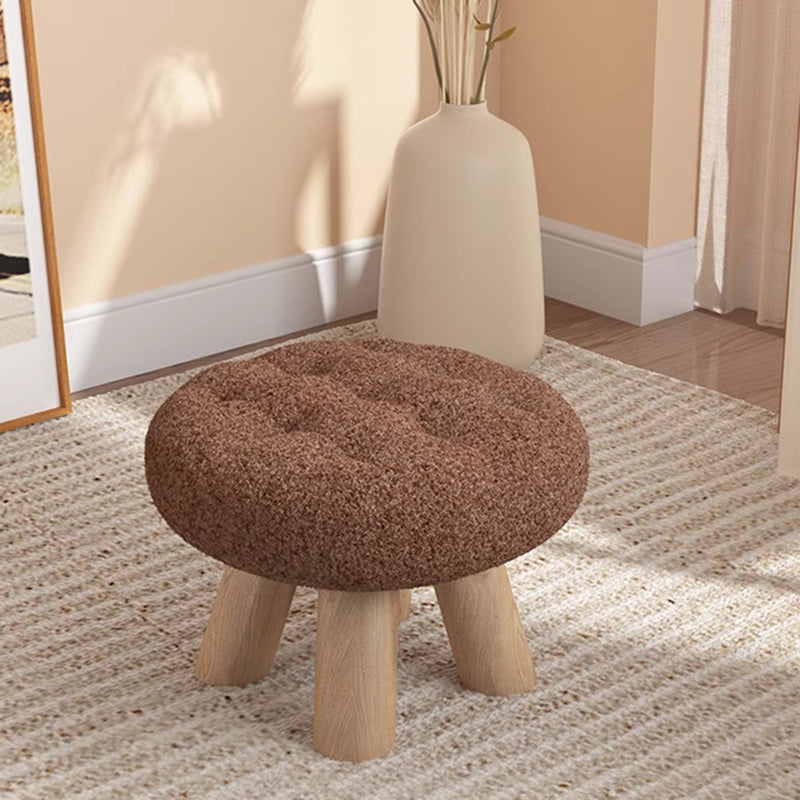 Taburete bajo redondo tipo cookie de madera y tela sherpa de estilo escandinavo contemporáneo con diseño apilable para sala de estar 