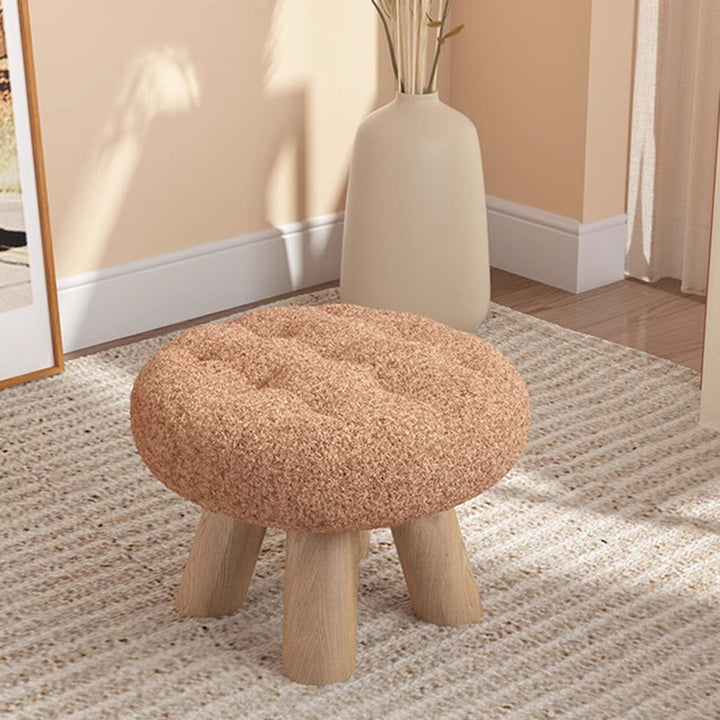 Taburete bajo redondo tipo cookie de madera y tela sherpa de estilo escandinavo contemporáneo con diseño apilable para sala de estar 