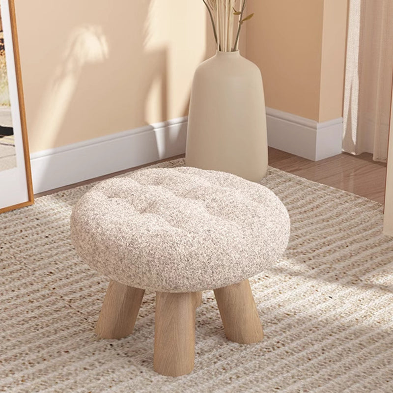 Taburete bajo redondo tipo cookie de madera y tela sherpa de estilo escandinavo contemporáneo con diseño apilable para sala de estar 