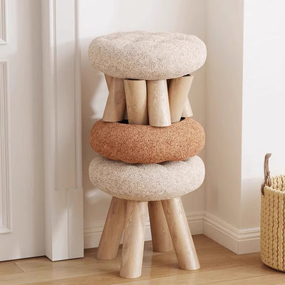 Contemporary Scandinavian Lambswool Wood Round Cookie Low Stool With Stackable Design For Living Room