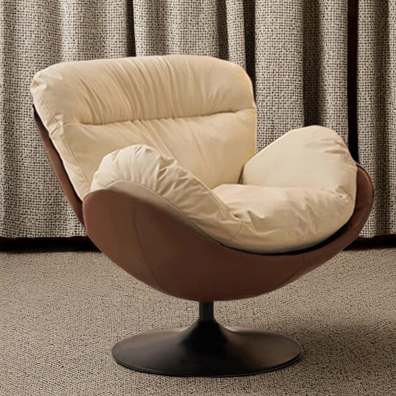 Chaise de salon pivotante avec dossier en cuir nordique contemporain à gratter pour chat, métal, base ronde incurvée pour salon 