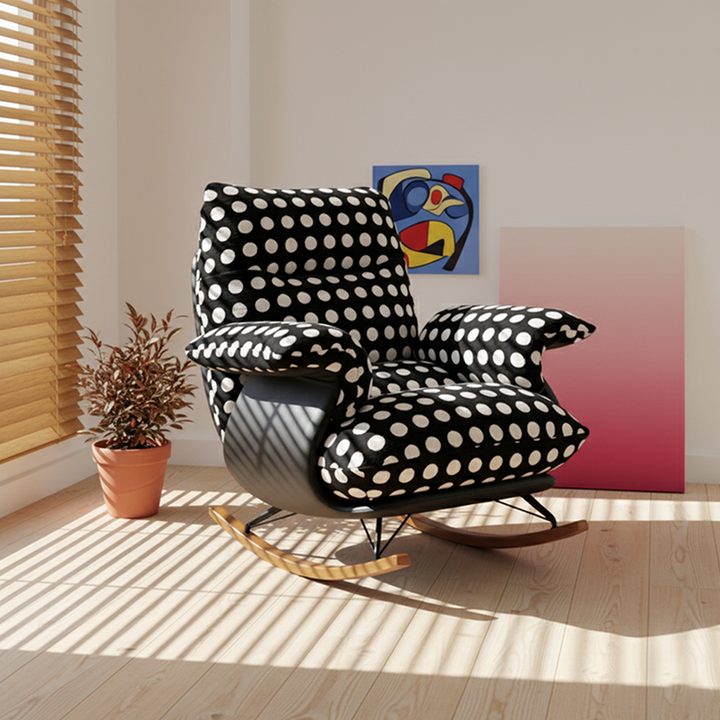 Chaise à bascule moderne de style milieu de siècle en tissu, similicuir, fer et bois, à pois, avec dossier et accoudoirs, pour salon 