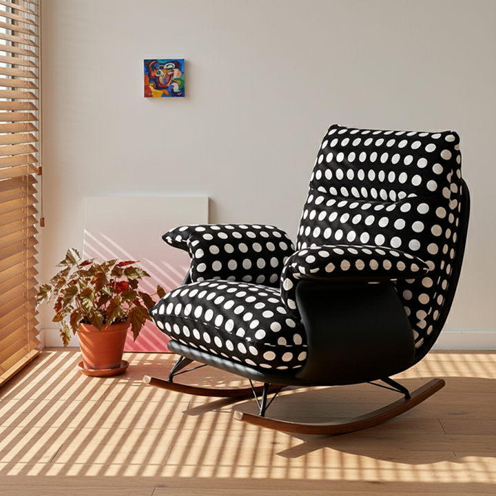 Chaise à bascule moderne de style milieu de siècle en tissu, similicuir, fer et bois, à pois, avec dossier et accoudoirs, pour salon 
