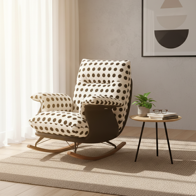 Moderner Mid-Century-Stoff Kunstleder Eisen Holz Polka Dot Schaukelstuhl Rückenlehne Armlehne für Wohnzimmer 