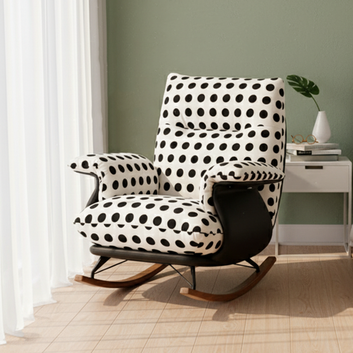 Chaise à bascule moderne de style milieu de siècle en tissu, similicuir, fer et bois, à pois, avec dossier et accoudoirs, pour salon 