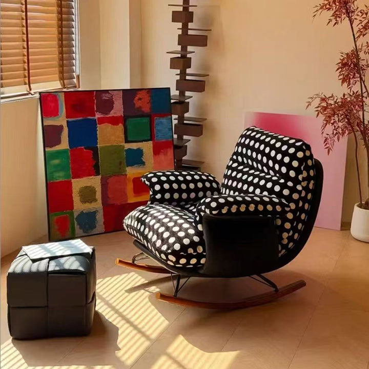 Chaise à bascule moderne de style milieu de siècle en tissu, similicuir, fer et bois, à pois, avec dossier et accoudoirs, pour salon 