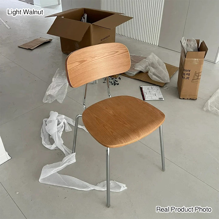 Moderner Mid-Century Sperrholz Kohlenstoffstahl Abgerundeter Quadratischer Gebogener Stapelbarer Esszimmerstuhl Für Esszimmer 