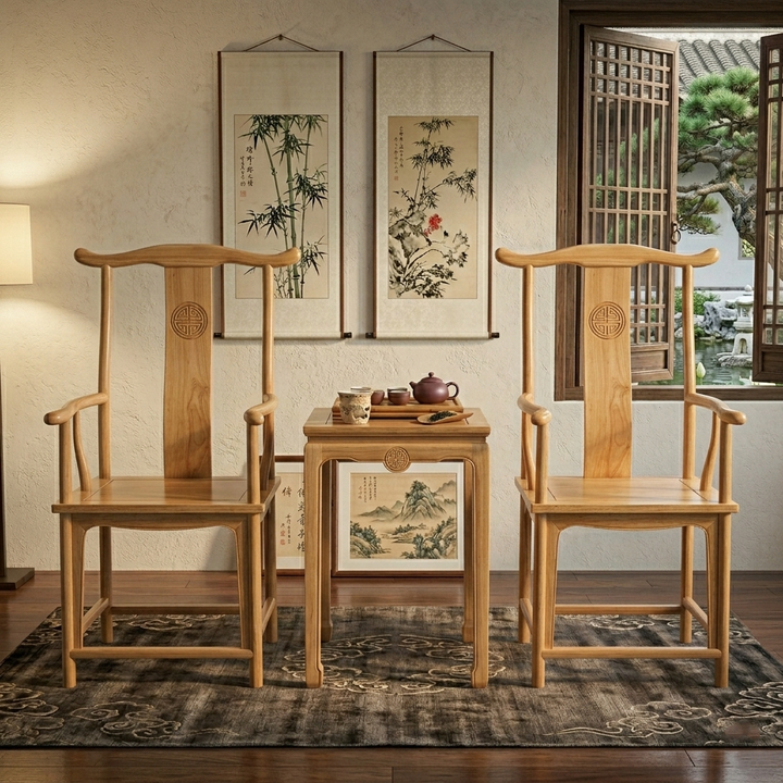 Traditional Chinese Rubberwood Plywood Official's Hat Dining Chair Armrest For Dining Room