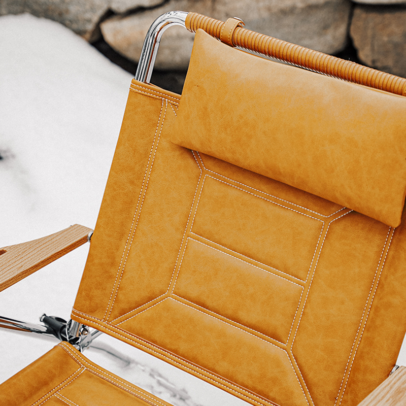 Luxury Microfiber Leather Folding Camping Chair - 4-Position Adjustable Recliner With Oak Armrests For Outdoor Patio
