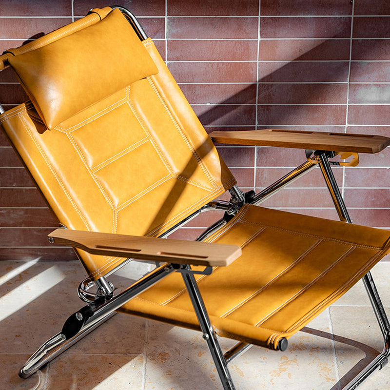 Luxury Microfiber Leather Folding Camping Chair - 4-Position Adjustable Recliner With Oak Armrests For Outdoor Patio