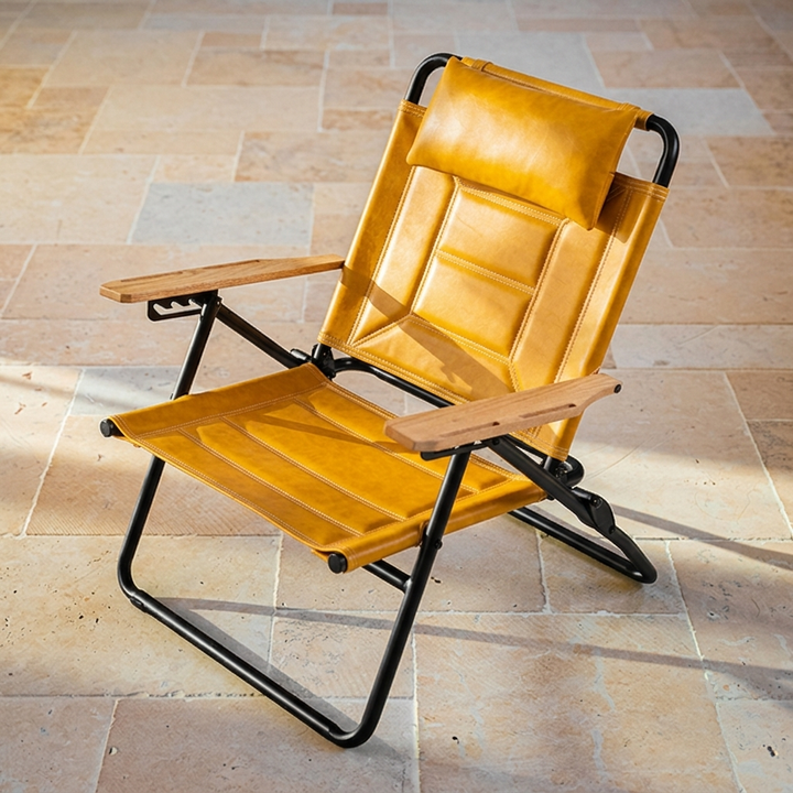 Luxury Microfiber Leather Folding Camping Chair - 4-Position Adjustable Recliner With Oak Armrests For Outdoor Patio