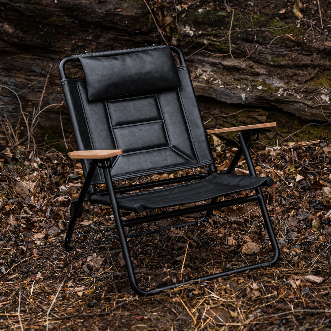 Luxury Microfiber Leather Folding Camping Chair - 4-Position Adjustable Recliner With Oak Armrests For Outdoor Patio