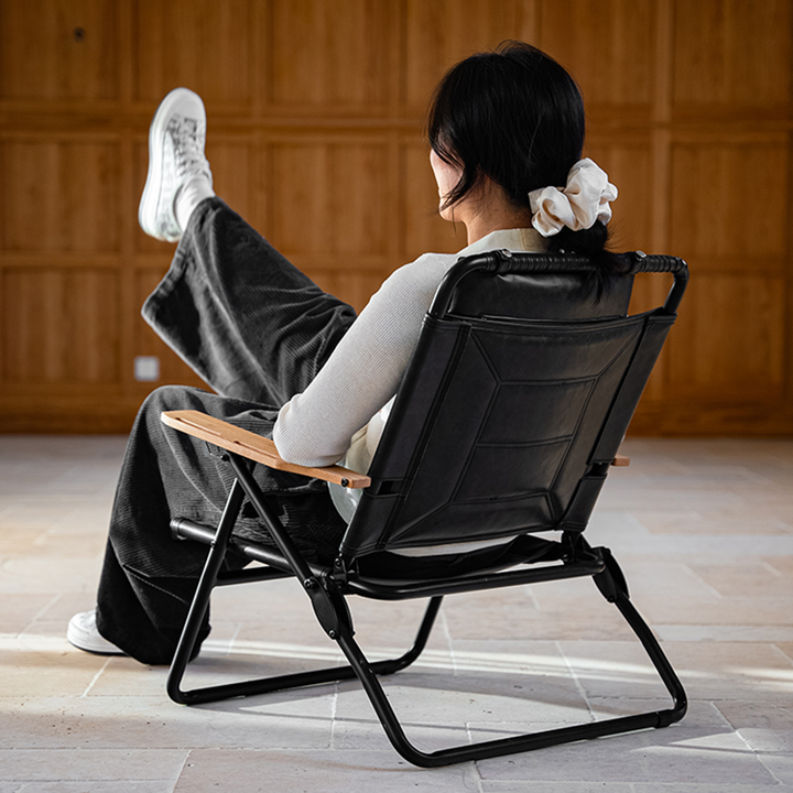 Luxury Microfiber Leather Folding Camping Chair - 4-Position Adjustable Recliner With Oak Armrests For Outdoor Patio