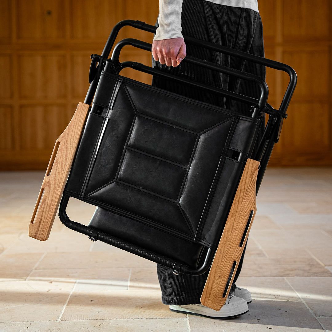 Luxury Microfiber Leather Folding Camping Chair - 4-Position Adjustable Recliner With Oak Armrests For Outdoor Patio