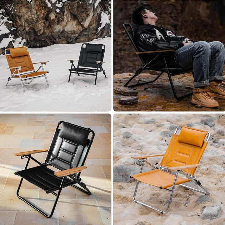 Luxury Microfiber Leather Folding Camping Chair - 4-Position Adjustable Recliner With Oak Armrests For Outdoor Patio