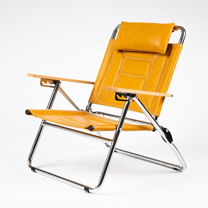 Luxury Microfiber Leather Folding Camping Chair - 4-Position Adjustable Recliner With Oak Armrests For Outdoor Patio