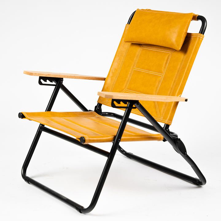 Luxury Microfiber Leather Folding Camping Chair - 4-Position Adjustable Recliner With Oak Armrests For Outdoor Patio