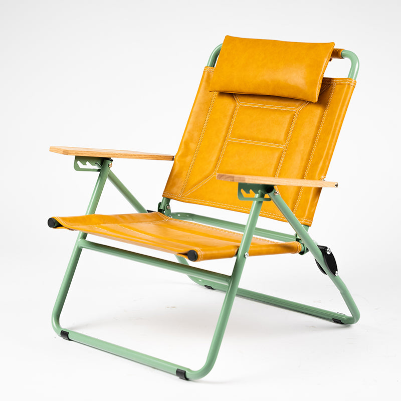 Luxury Microfiber Leather Folding Camping Chair - 4-Position Adjustable Recliner With Oak Armrests For Outdoor Patio