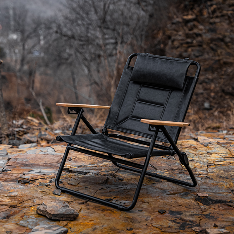 Luxury Microfiber Leather Folding Camping Chair - 4-Position Adjustable Recliner With Oak Armrests For Outdoor Patio