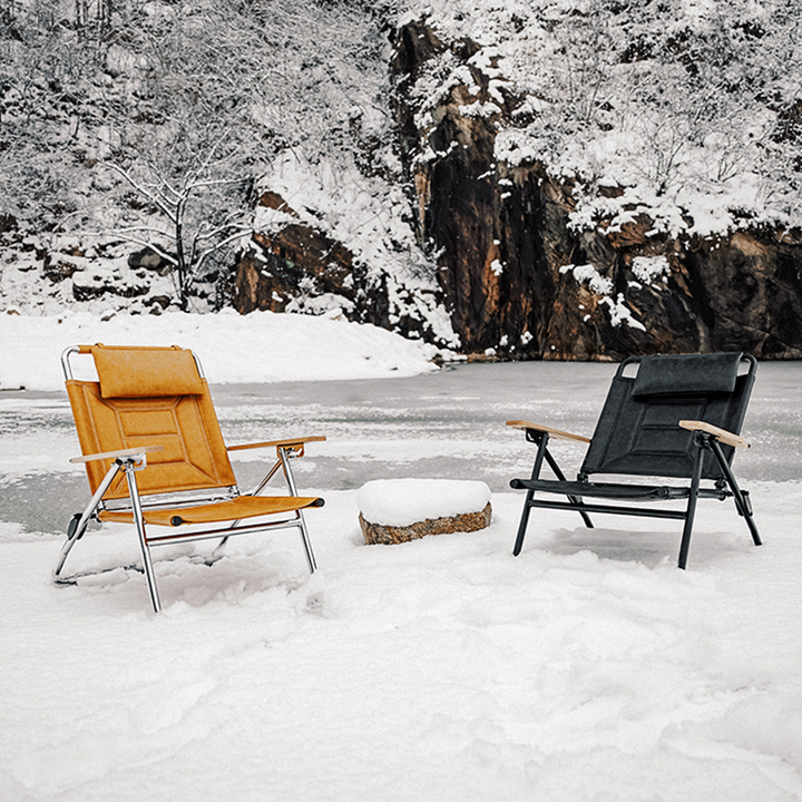 Luxury Microfiber Leather Folding Camping Chair - 4-Position Adjustable Recliner With Oak Armrests For Outdoor Patio