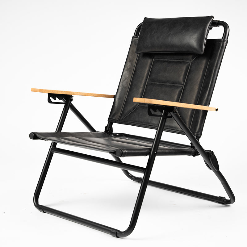 Luxury Microfiber Leather Folding Camping Chair - 4-Position Adjustable Recliner With Oak Armrests For Outdoor Patio