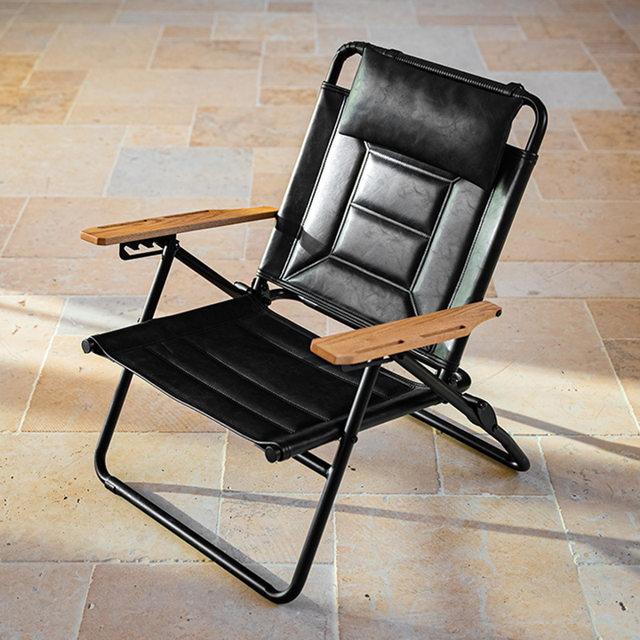 Luxury Microfiber Leather Folding Camping Chair - 4-Position Adjustable Recliner With Oak Armrests For Outdoor Patio