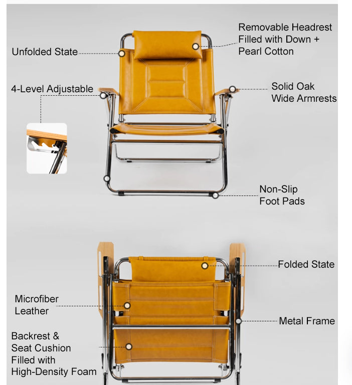 Luxury Microfiber Leather Folding Camping Chair - 4-Position Adjustable Recliner With Oak Armrests For Outdoor Patio