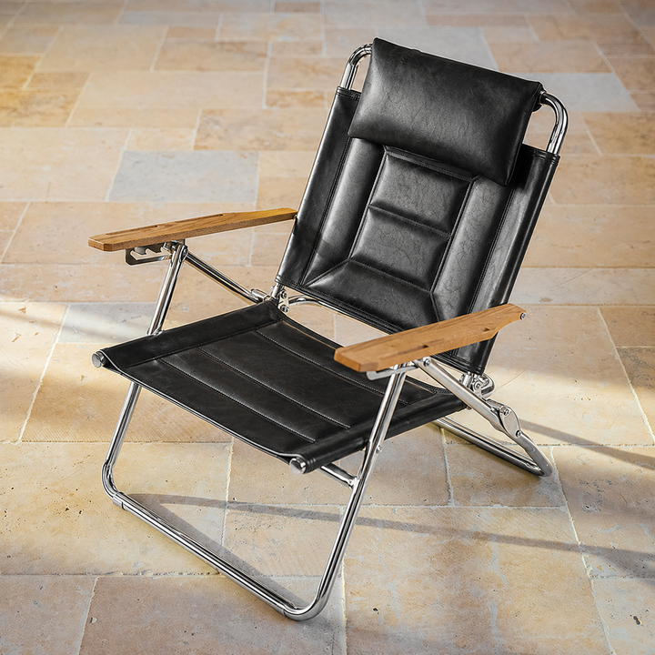 Luxury Microfiber Leather Folding Camping Chair - 4-Position Adjustable Recliner With Oak Armrests For Outdoor Patio