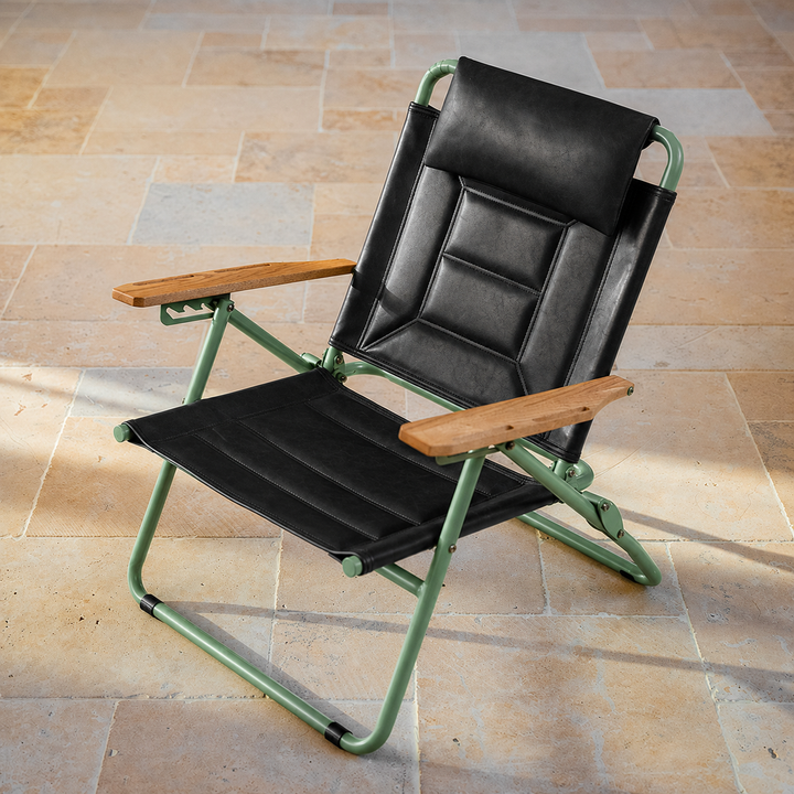 Luxury Microfiber Leather Folding Camping Chair - 4-Position Adjustable Recliner With Oak Armrests For Outdoor Patio