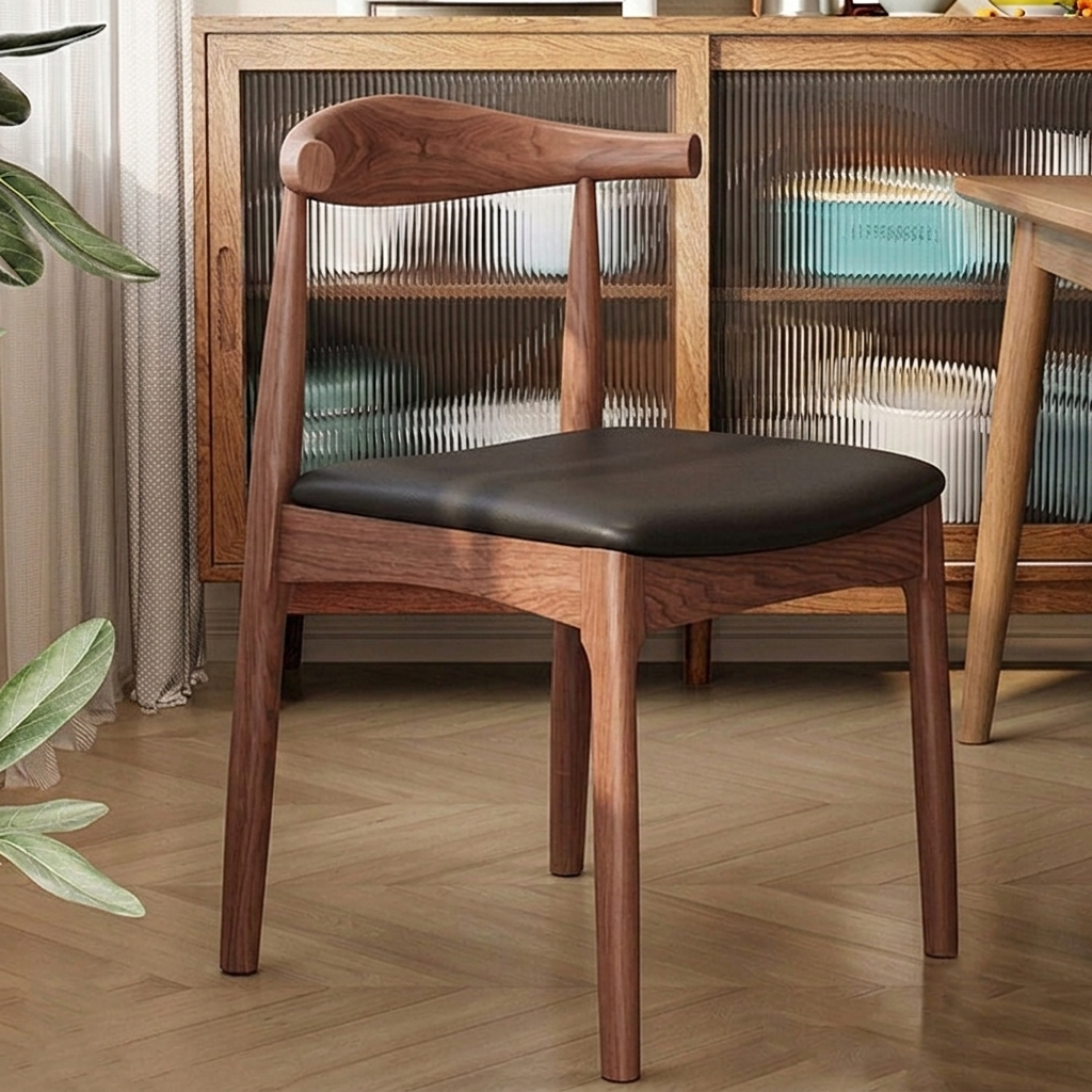 Contemporary Nordic Ash Wood PU Leather Horn Dining Chair Backrest For Dining Room