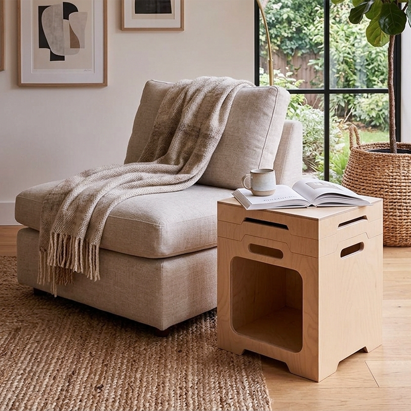 Japanischer modularer Beistelltisch aus Birken-Sperrholz - stapelbarer Aufbewahrungs-Boxeranzug für Homeoffice 