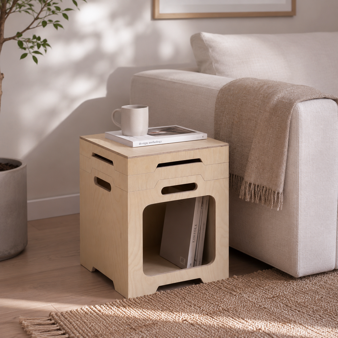 Japanischer modularer Beistelltisch aus Birken-Sperrholz - stapelbarer Aufbewahrungs-Boxeranzug für Homeoffice 