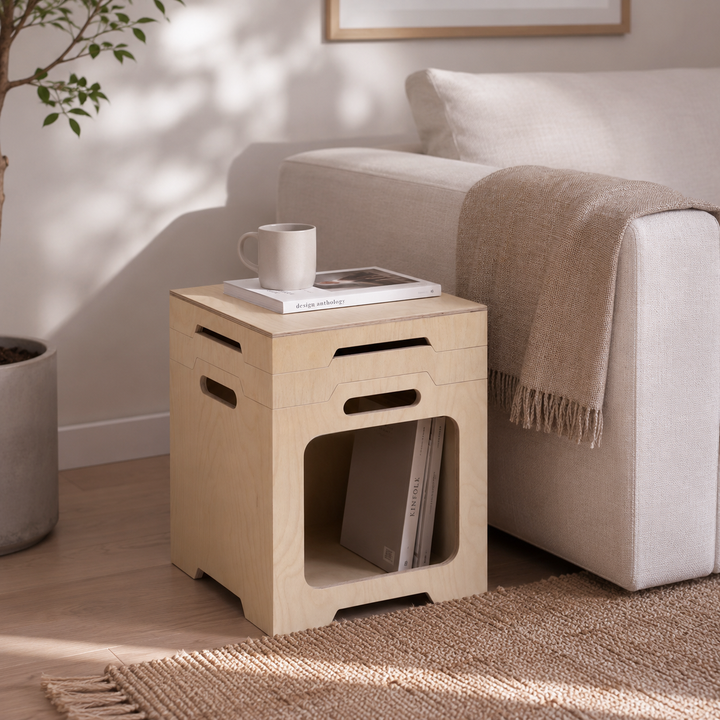 Japanischer modularer Beistelltisch aus Birken-Sperrholz - stapelbarer Aufbewahrungs-Boxeranzug für Homeoffice 