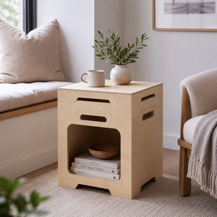 Japanischer modularer Beistelltisch aus Birken-Sperrholz - stapelbarer Aufbewahrungs-Boxeranzug für Homeoffice 