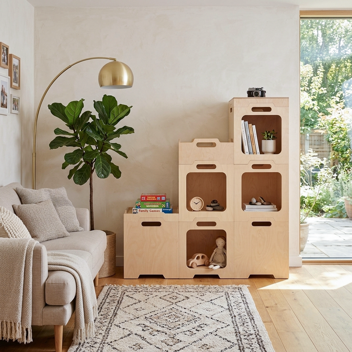 Japanischer modularer Beistelltisch aus Birken-Sperrholz - stapelbarer Aufbewahrungs-Boxeranzug für Homeoffice 