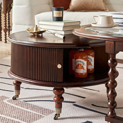 Traditional French Round Solid Wood Multi-Layer Plate Glass Coffee Table 2-Tier For Living Room