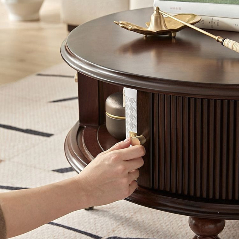 Traditional French Round Solid Wood Multi-Layer Plate Glass Coffee Table 2-Tier For Living Room