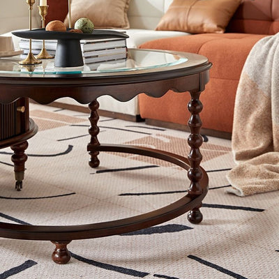 Traditional French Round Solid Wood Multi-Layer Plate Glass Coffee Table 2-Tier For Living Room