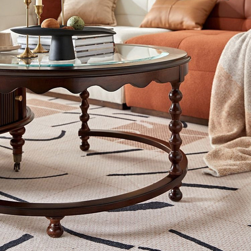 Traditional French Round Solid Wood Multi-Layer Plate Glass Coffee Table 2-Tier For Living Room