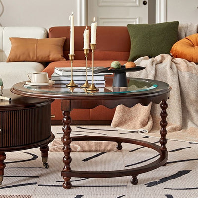 Traditional French Round Solid Wood Multi-Layer Plate Glass Coffee Table 2-Tier For Living Room